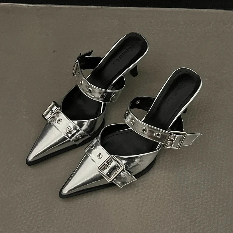 Metal Buckle High Heels Women's Sandals Summer Pointed Toe Sier Party Fashion Womens Pumps Shoes