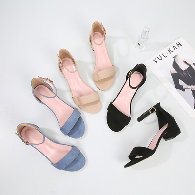 Suede Leather Sandals women heels for Teenagers Girls,Blue/Black one strap Buckle sandals Low heels Comfy Sandals Students