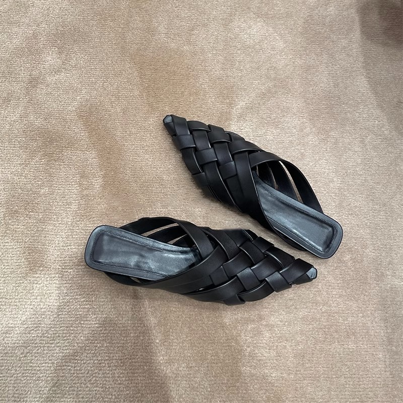 Women Fashion Pointed Toe Shallow Slip On Black Summer Slides Slippers Flats Heeled Mules Shoes ab8b pers c1c