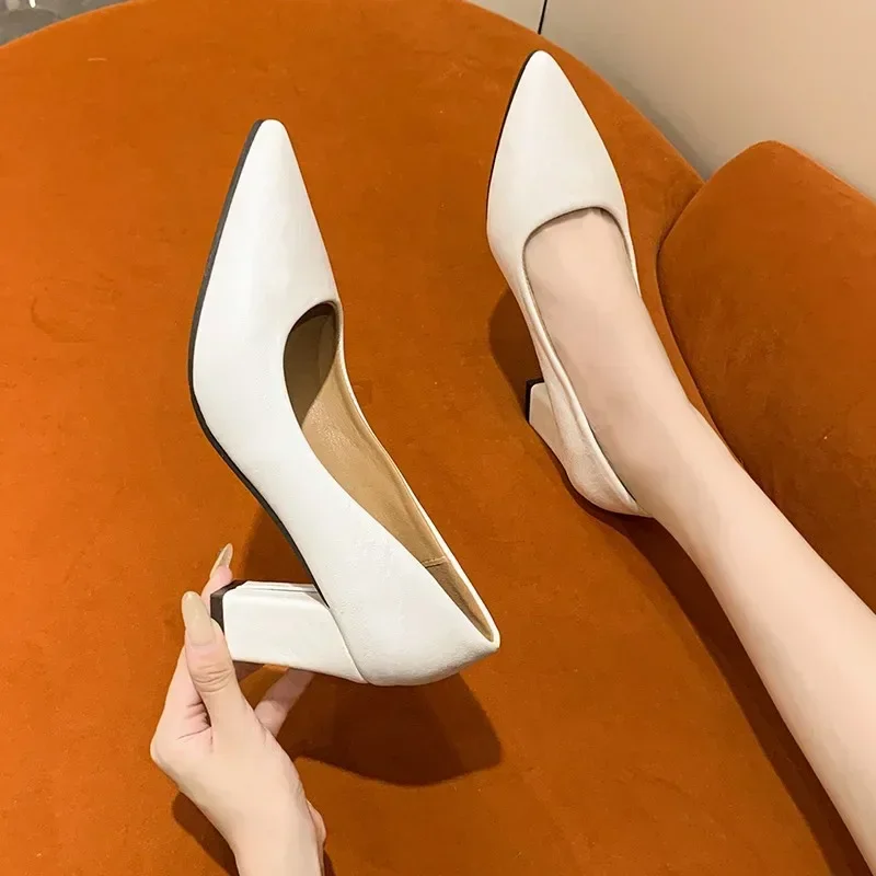 High-heeled Women's Pointed Fashion Simple Single Light Casual Mid-heel Party Office Shoes c57e