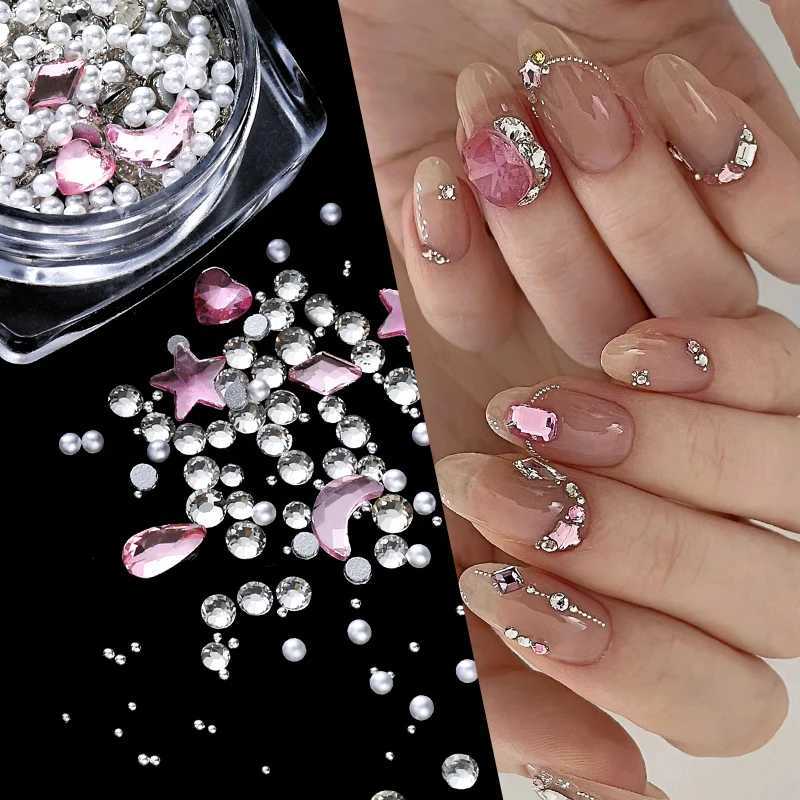 3D nail rhinestone white pearl mixed size transparent glass bead flat back gemstone metal stud accessory W240829
