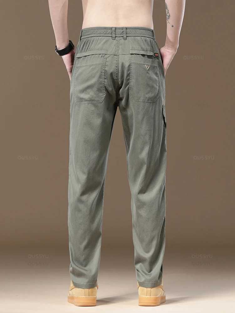 Summer soft Lyocell fabric mens cargo pants solid color workwear elastic waist casual pants Korean outdoor jogging Trouser mens W240829
