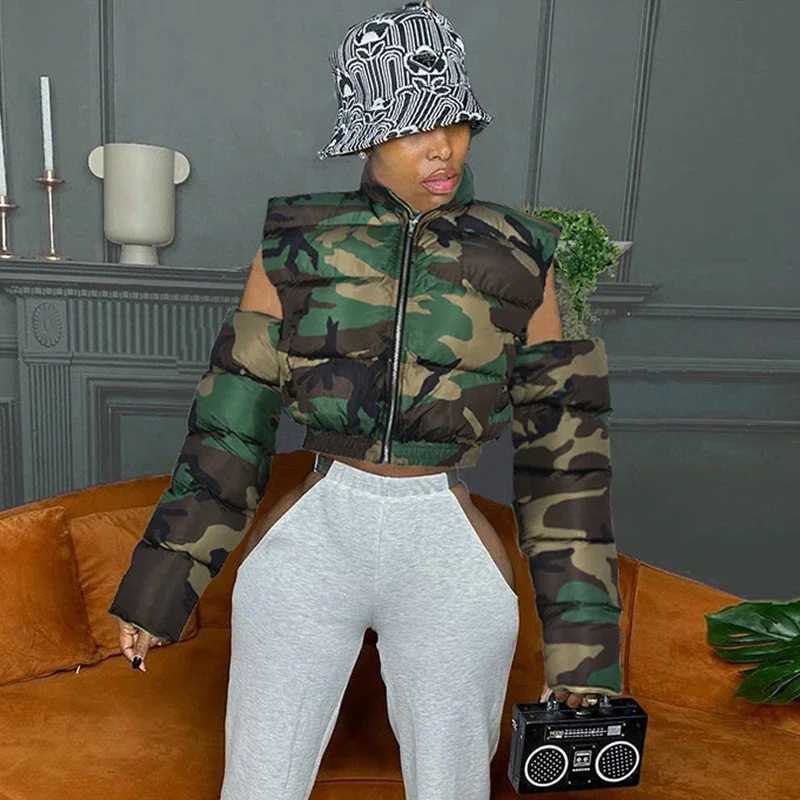 Women's Down Parkas Strt Women Camouflage Zipper Puffer Jacket Hollow Out Slve Camo Bubble Coats Stand Collar Collect Waist Parkas Down Jacket Y2