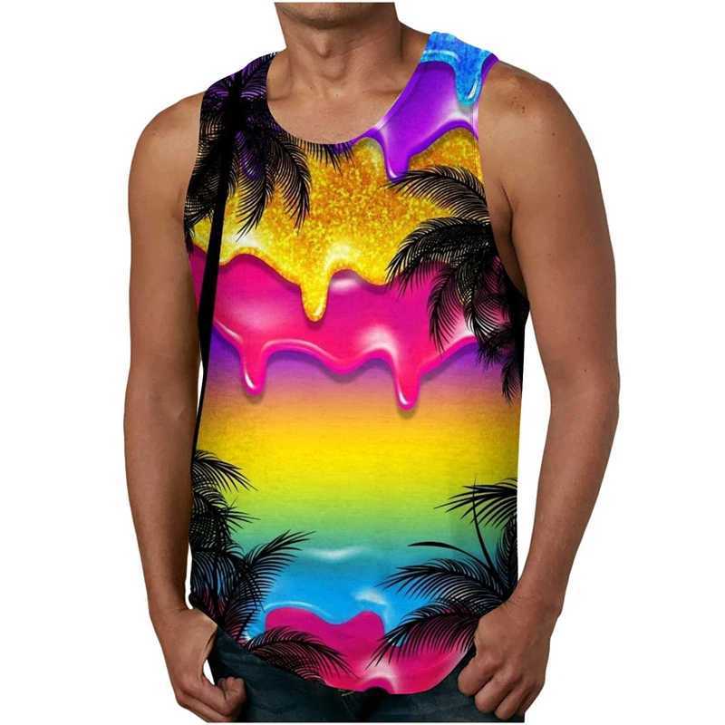 2023 New Rainbow Paint Splash 3D Printing Graffiti Mens Tank Top Mens Hip Hop Casual O-neck Vest Street Clothing Oversized TopW240718
