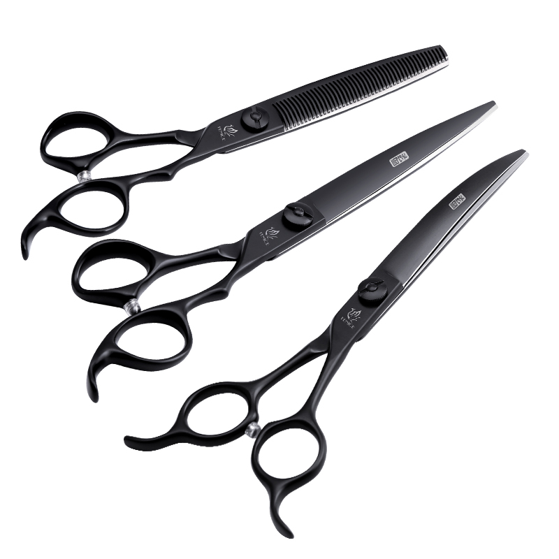 Fenice JP440C 6.5/7.5 Inch Professional Pet Serration Blade Grooming Scissors Set Kits Dog Straight&Curved&Thinner Scissors Kits