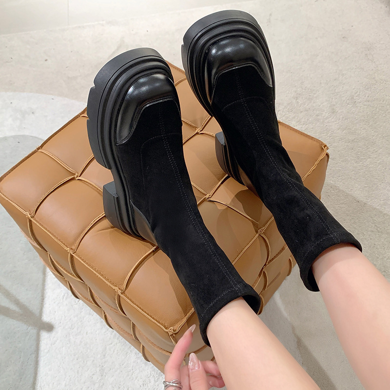 Women Fashion Stretch Patchwork Platform Ankle Boots Women Autumn Thick Sole Slip on Sock Boots Woman Chunky Heels Botas Mujer