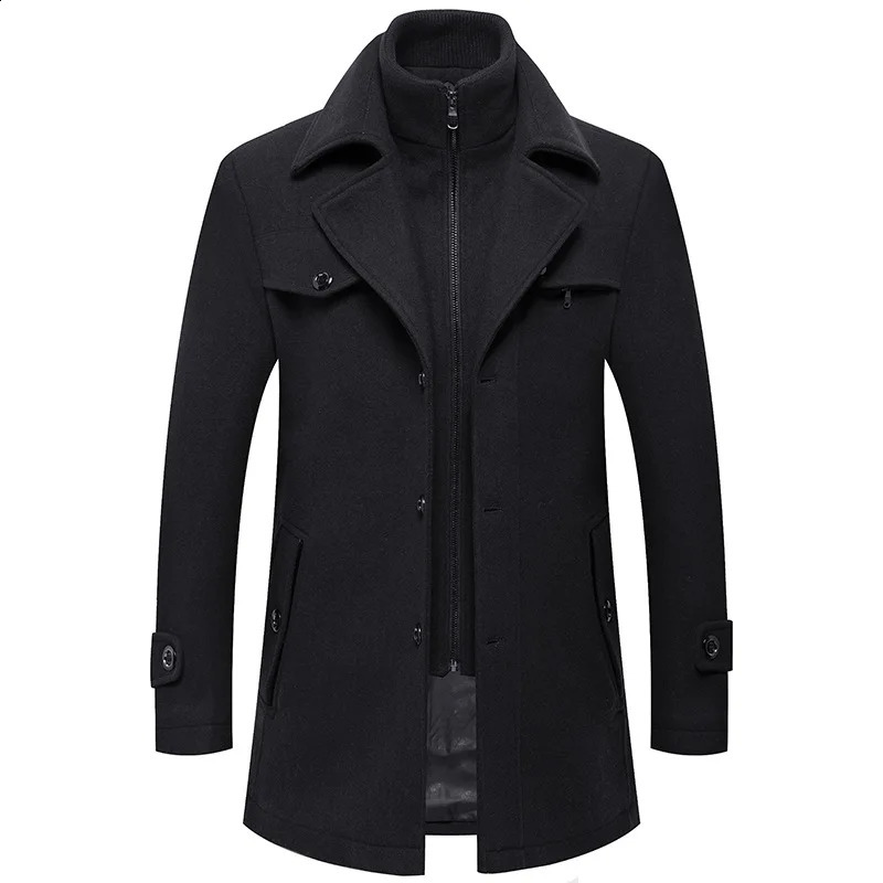 Winter mens slim fit wool trench coat fashion mid length coat mens double neck zipper solid color casual wool coat 240829