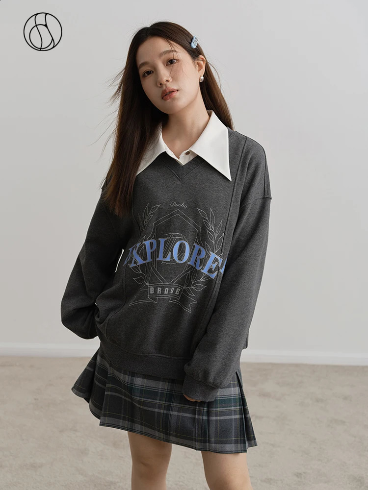 DUSHU Vneck printed womens long sleeved sweatshirt loose 100% cotton looped winter item 240827