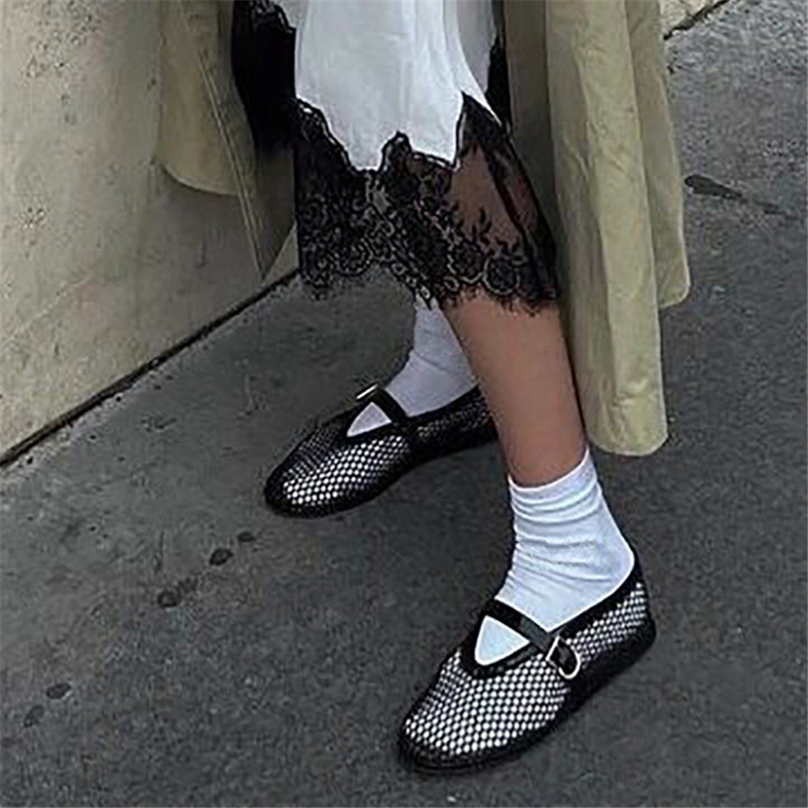 2024 New Gold Women Flats Ballet Dance Shoes Hollow Out Mesh Walking Loafers Ladies Mary Janes Strap Espadrilles Summer Sandals