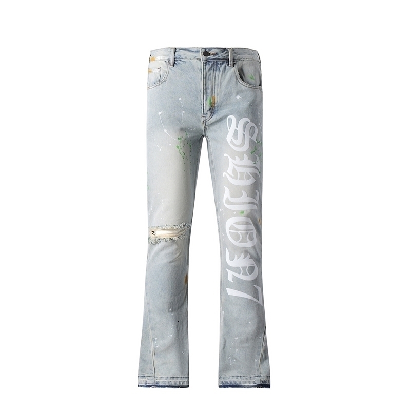mens open top jeans with letter printing ultra-thin suitable for stacking denim Trouser hand drawn button fly cotton Flared jeans 240829