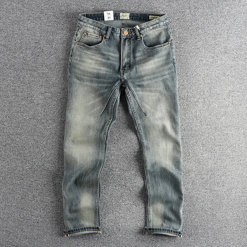 Retro to vintage washed jeans mens 3D cut small straight version young retro full matching pants 240829