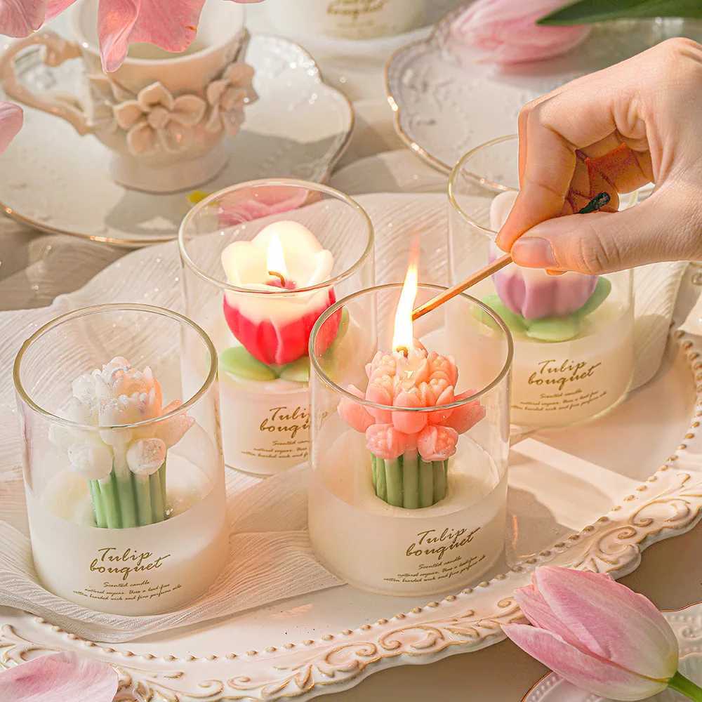 1 Piece Of Tulip Flower Scented Candle Exquisite And Beautiful Atmosphere Scented Candle Cup Suitable For Living RoomXJ240830