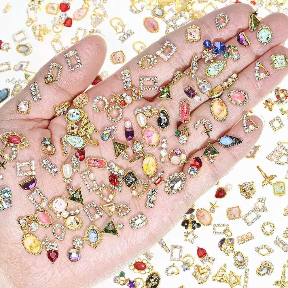 50 pieces of luxurious alloy nail charm gold/silver random mixed nail art decoration sparkling crystal gemstone rhinestone alloy nail charm W240829