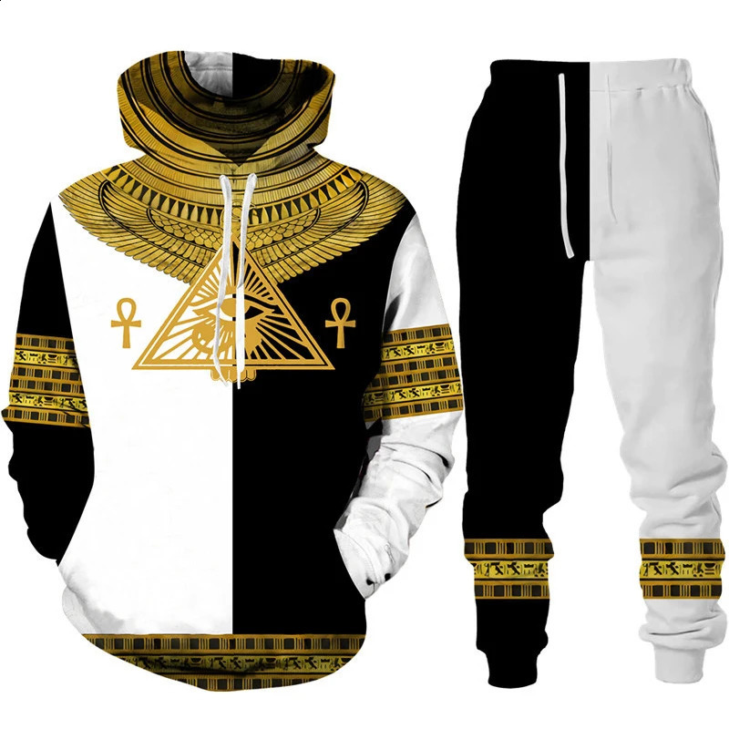 Ancient Horus Egyptian style 3D printed track suit set mens hooded sweatshirtpants 2-piece set oversized casual streetwear zipper clothing 240829