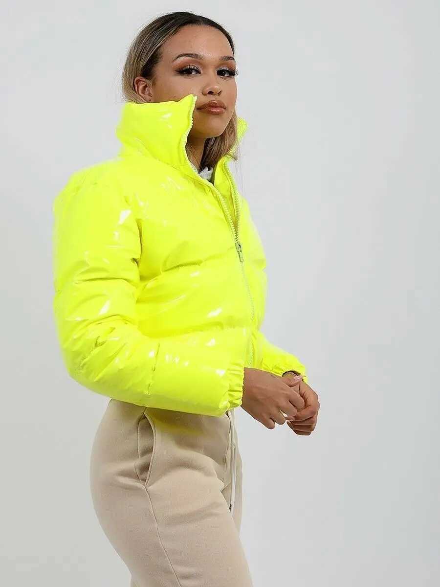 Women's Down Parkas Autumn Winter Women Bright PU Puffer Jackets Warm Bubble Coat Down Parka Outcoat Zipper Jacket Cute Cropped Parka XXL Y240824