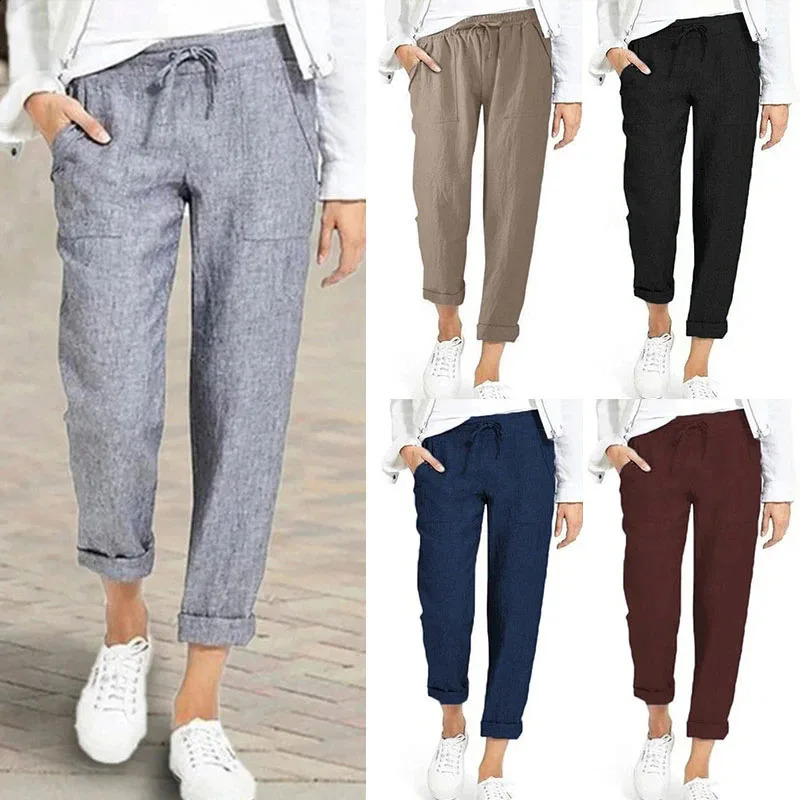 Lucyever Casual Cotton Linen Pants Women Spring Summer High Waist Elastic Ankle-Length Pants Female Solid Pockets Harem Trousers 240829