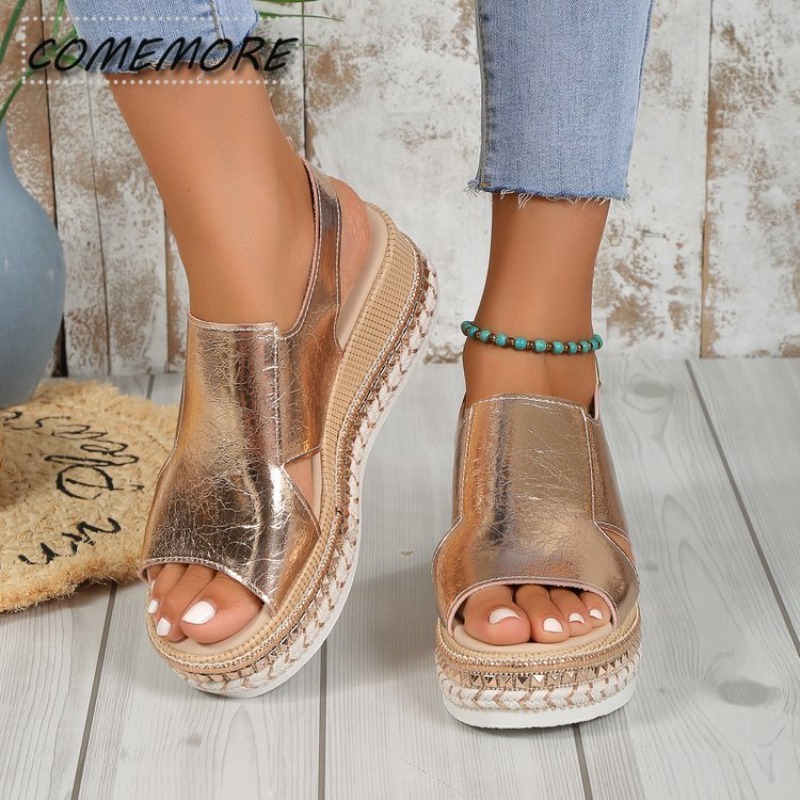 2024 New Black Wedge Women's Sandals Summer Fashion Elegant Platform Leisure Women Shoes High Heel Golden Heels Designer Sandals