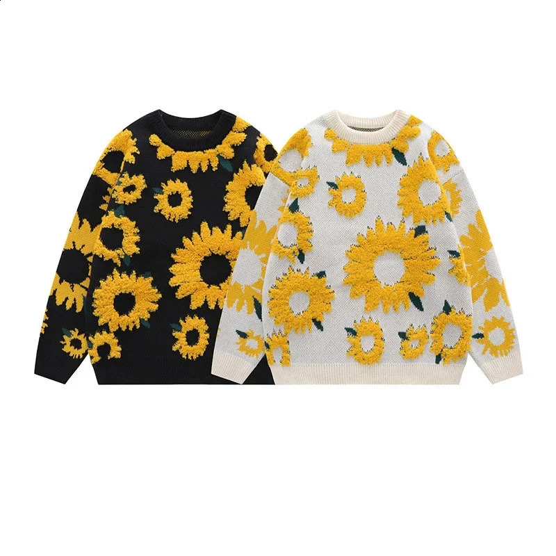 Couples loose knit sweater round neck oversized casual chrysanthemum print sweater mens street Harajuku fashion jumping autumn 240829
