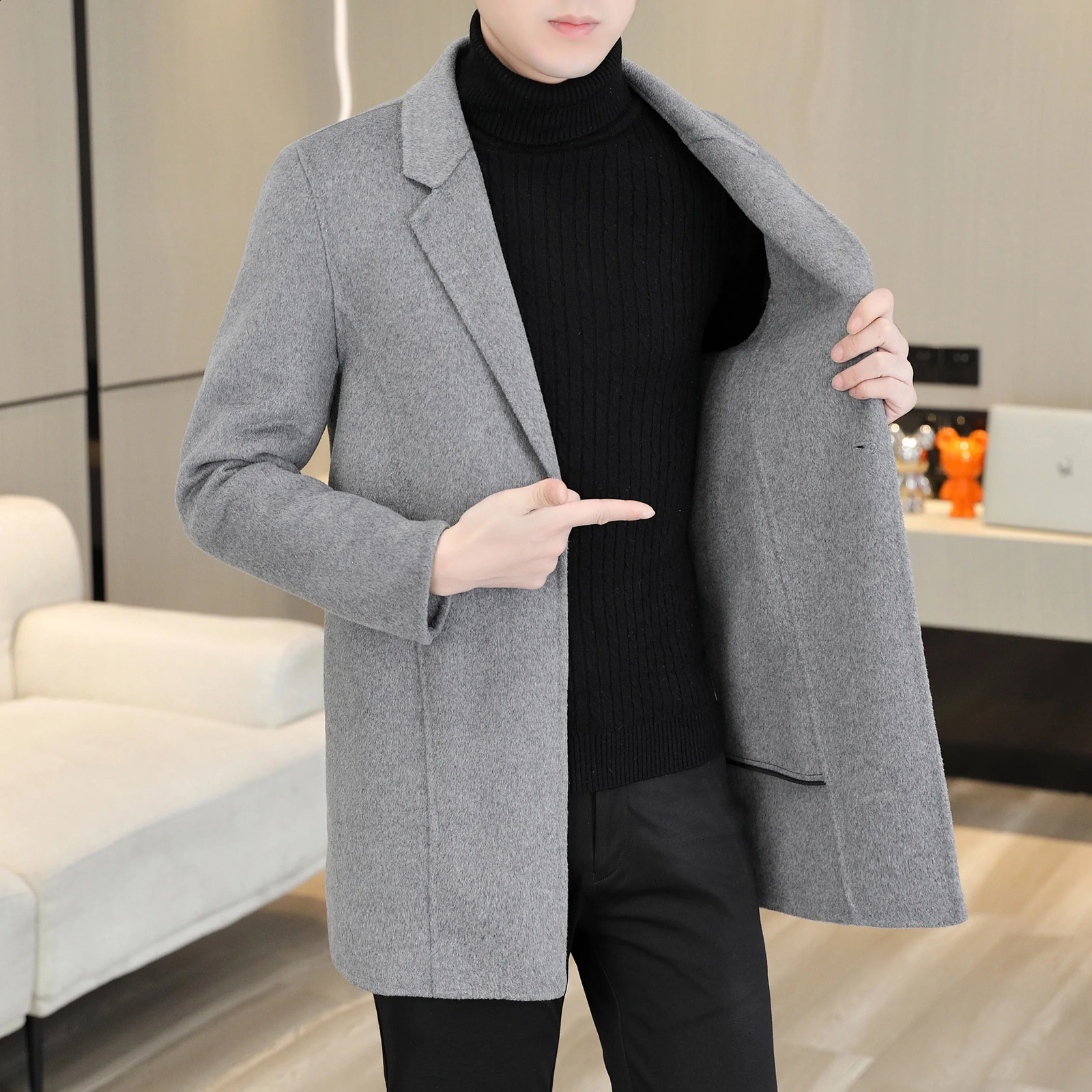 Mens 70 Wool Double sided Coat Autumn/Winter Handsome Hand sewn High quality Medium length Wool Coat 240829