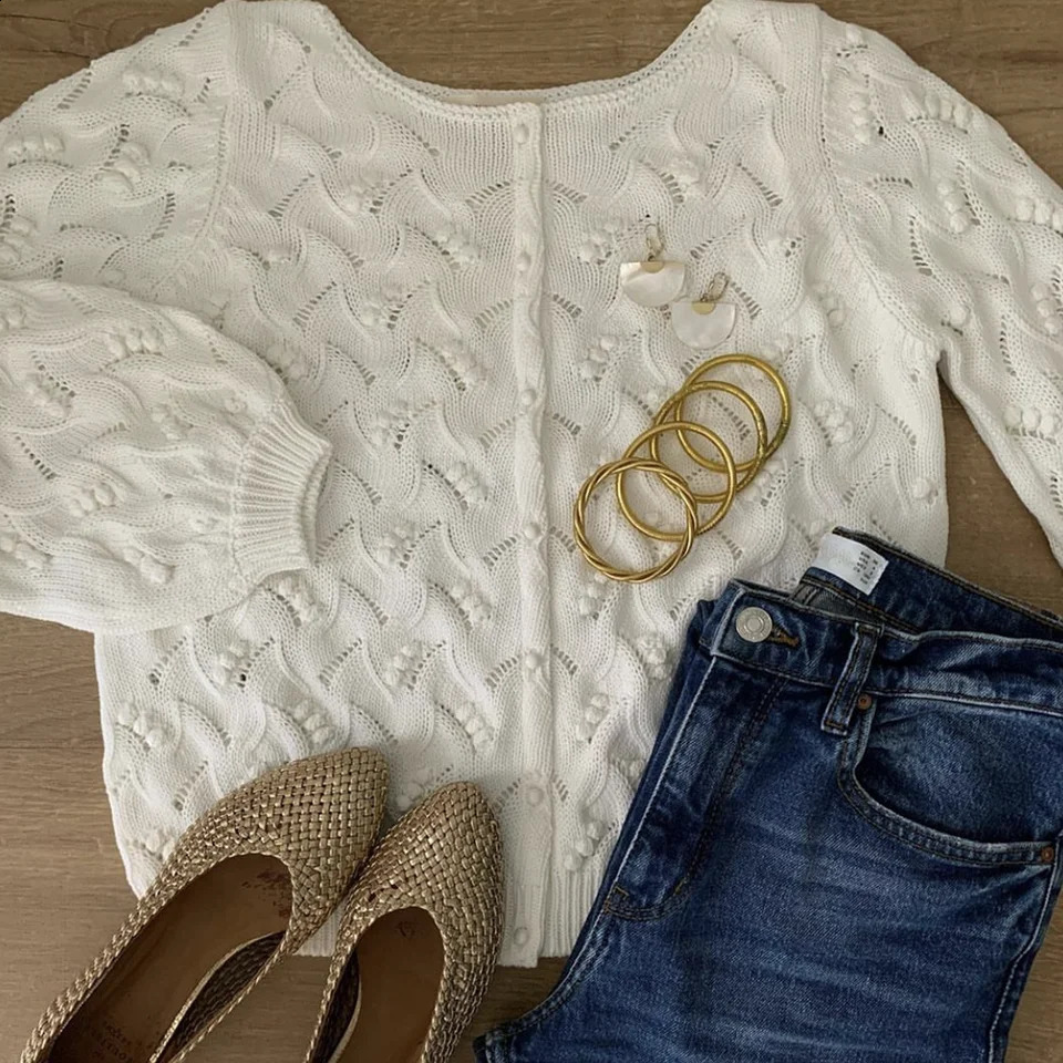 ZESSAM Solid Hook Flower Jacquard Knit Cardigan ONeck Long Sleeve Button Hollow Out Female Sweater Casual Cozy Lady Top 240827