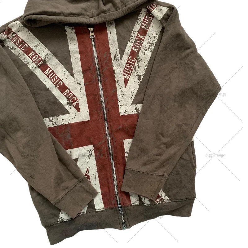 Y2K European and American Hip Hop Letter British Clothing Hoodie Gothic Harajuku Street Zipper Hoodie Casual Loose Sweater 240829