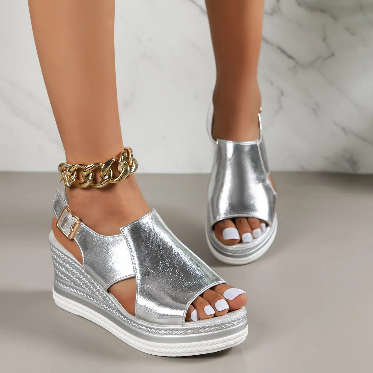 Gold Silver PU Leather Wedge Sandals for Women 2023 Summer Peep Toe Platform Sandles Woman Plus Size Thick Sole Sandalias Mujer