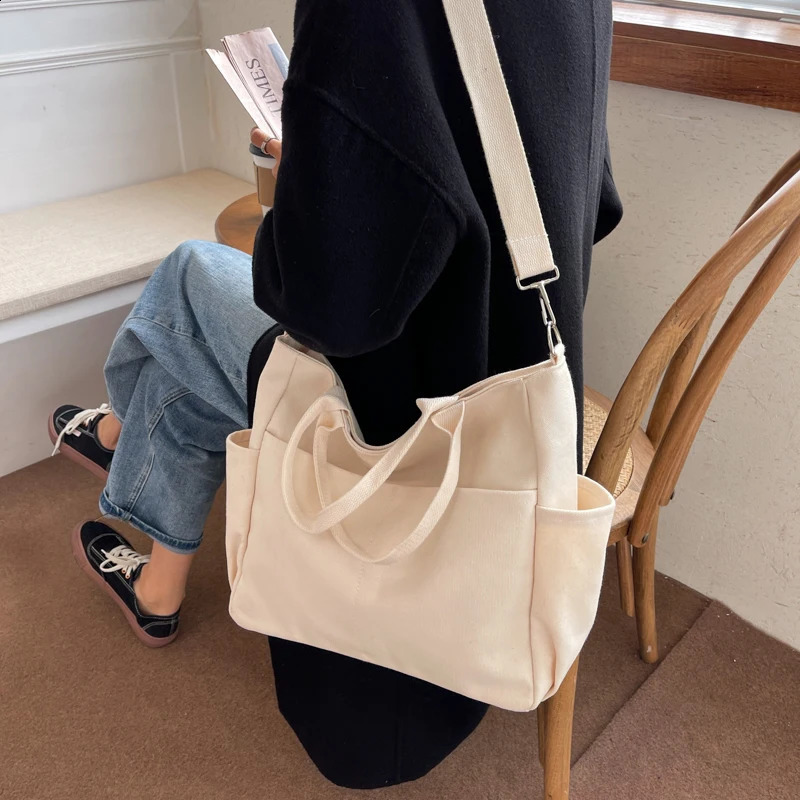 Lazy Wind Canvas Big Bag Korean Version Of The Single Shoulder Crossbody Bag Female Simple Literary Solid Color Bag 240830