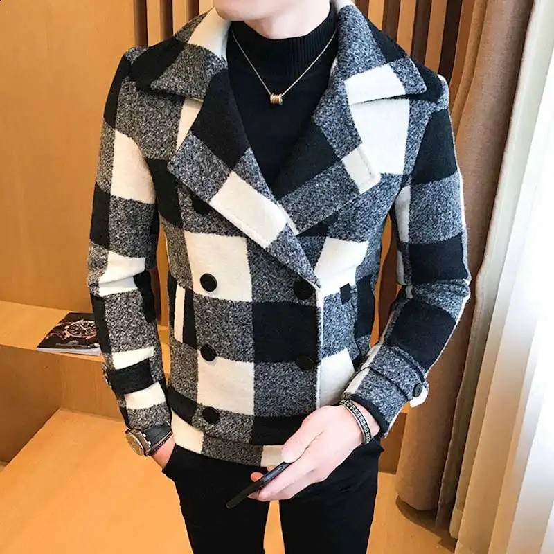 autumn and winter mens short slim fit wool coat with double chest n casual windproof machine fashionable retro trench coat 5XL-M 240829