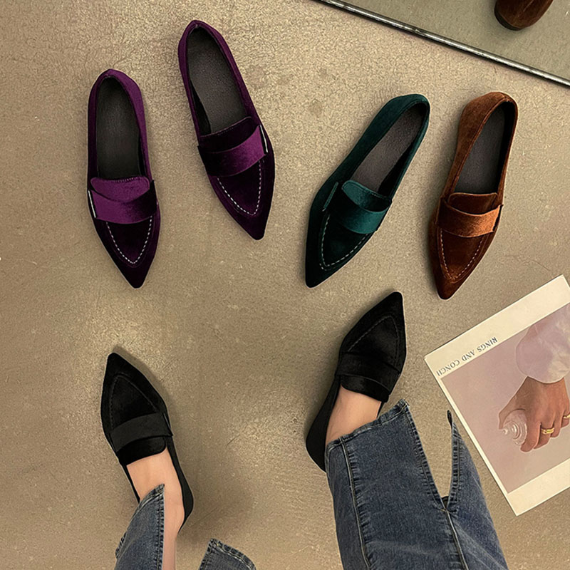 Women's Velvet Flats Pointed Toe Slip on Flat Shoes Woman Loafers Sewing Boat Shoes Plus Size 42 Black Green Brown Purple 1106N