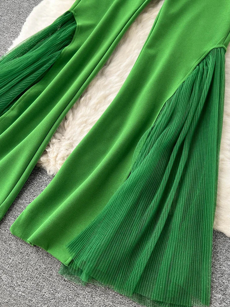 Mesh splicing Y2k womens pants for spring high waist solid wide leg Flare fashionable and casual 240827