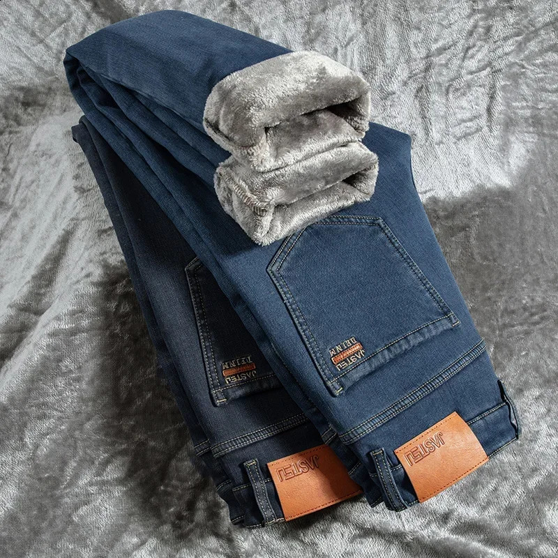 Winter Brushed Jeans Men Fashion Flannel Thickened Straight Elastic Pants Slim Retro Male Clothing Denim Trousers 240826Z
