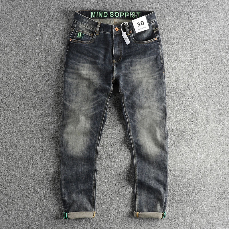 Retro blue gray distressed washed jeans mens fashion spring and autumn American small leg straight leg young pants 240829