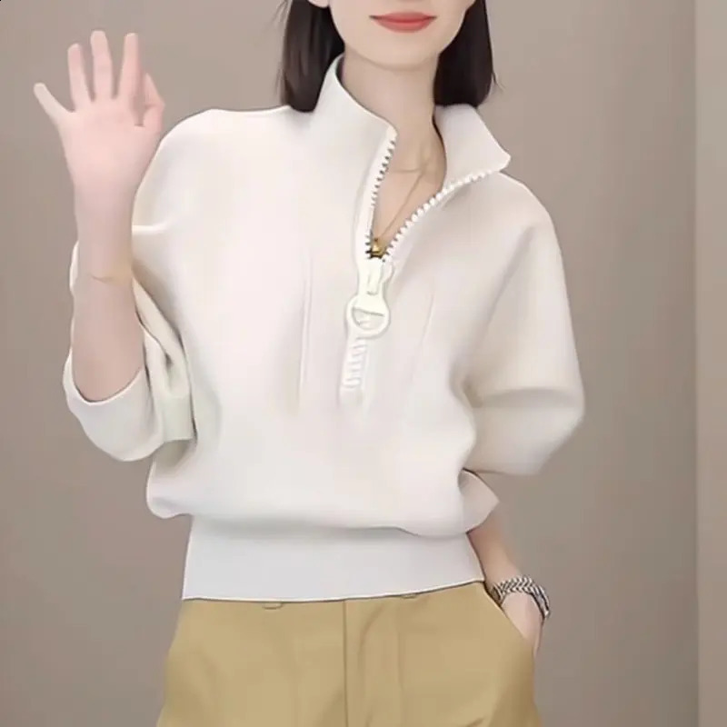 Autumn and Winter Womens Solid Color Loose Stand up Collar Zipper Sweater Fashion Casual Edition Long Sleeve Top 240827