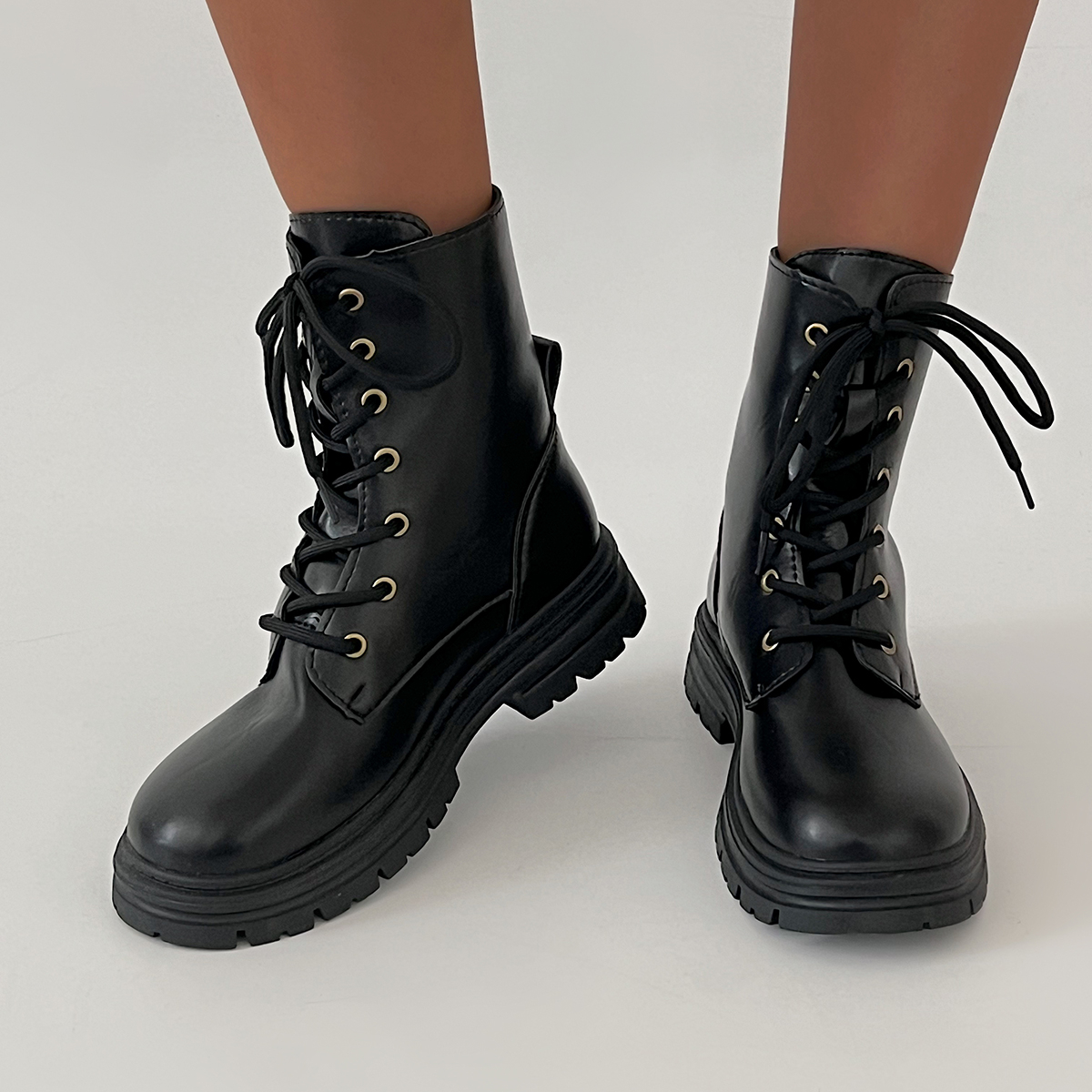 Rimocy Black Pu Leather Ankle Boots for Women Low Heels Lace Up Fashion Booties Woman Non Slip Platform Combat Botas Mujer 2024