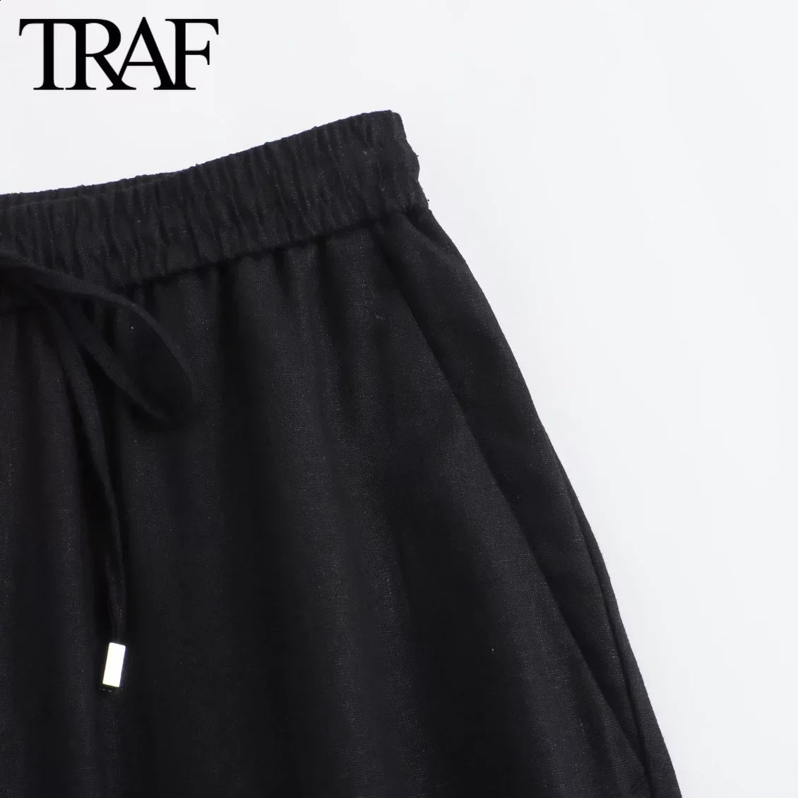 TRAF Women Fashion Spring Summer Lace-up Linen Blended Straight Pants Pocket Office Lady Chic High Waist Trousers Mujer 240829