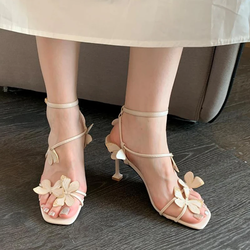 2025 new Butterfly Purple High Heeled Women Summer Casual Square Toe Sandals Woman Thin Heels Ankle Straps Party Shoes 5fd1