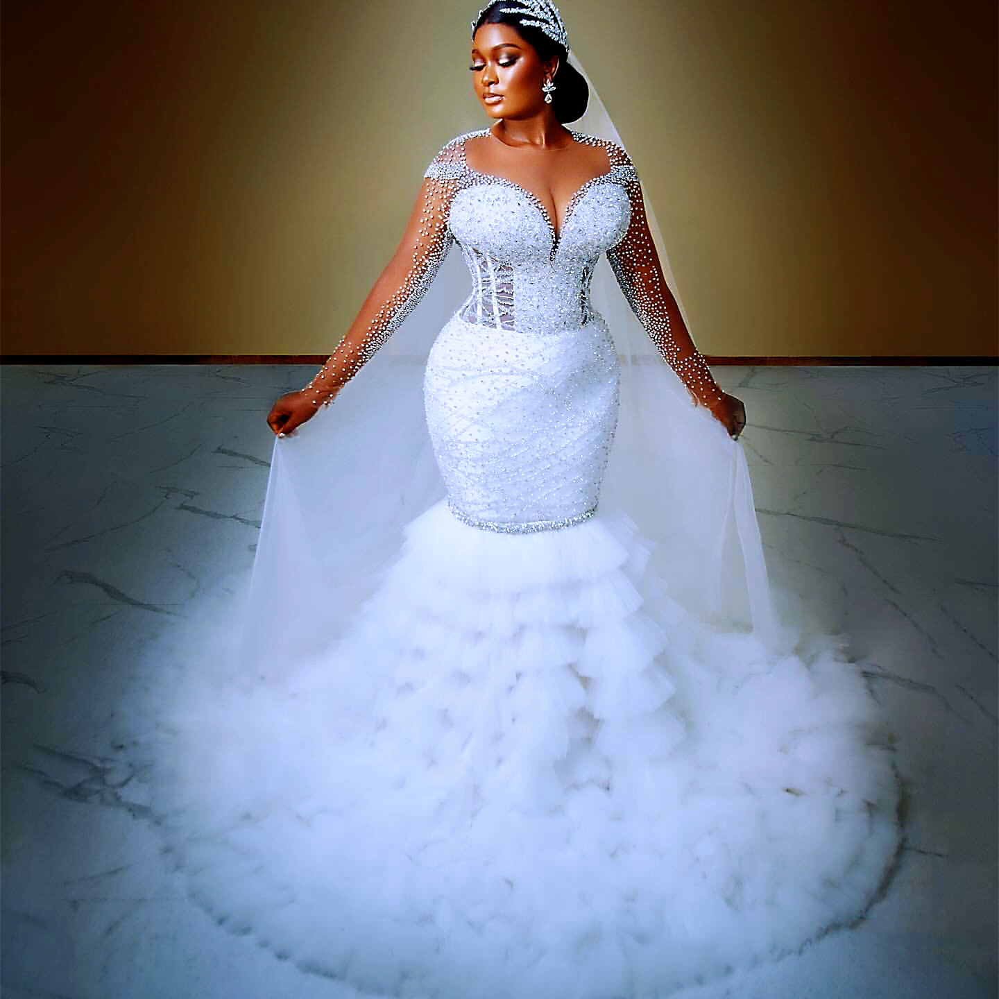 2024 Arabic Aso Ebi Plus Size Ivory Mermaid Wedding Dresses Beaded Sheer Neck Beaded Detachable Train Bridal Gowns Dress vestidos de novia ZJ515