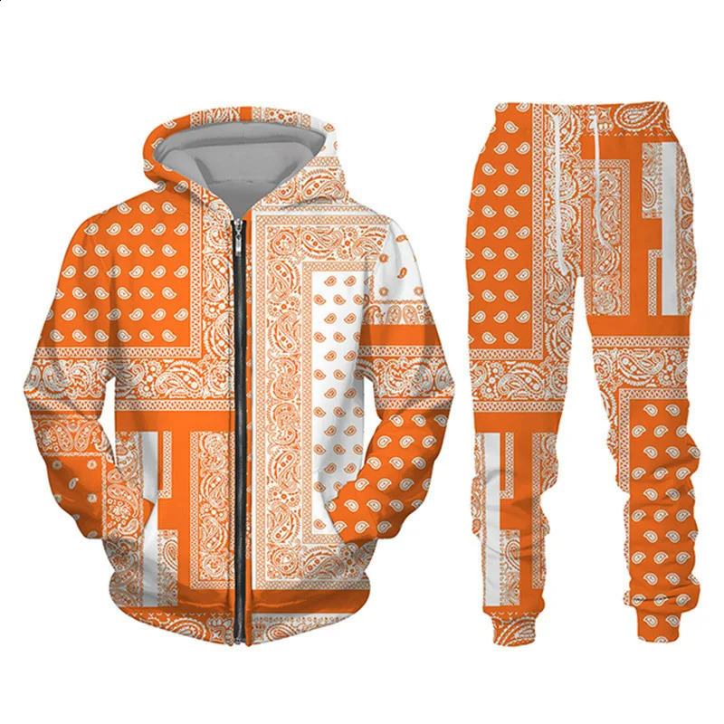 3D Bandana Printed Zipper HoodiePants Set Cool Mens/Womens 2-piece Sportswear Track Set Autumn/Winter Mens Wear 240829