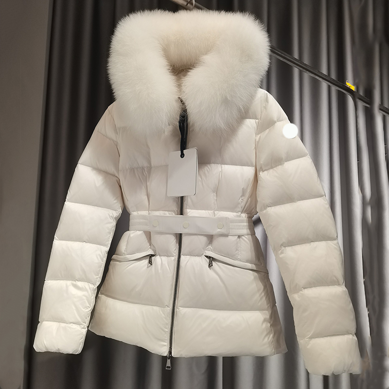 women winter coat designer winter jacket Women embroidered badge waist cinched slim fit fox fur collar hooded puffer jacket womens loose casual winter coat Jackets
