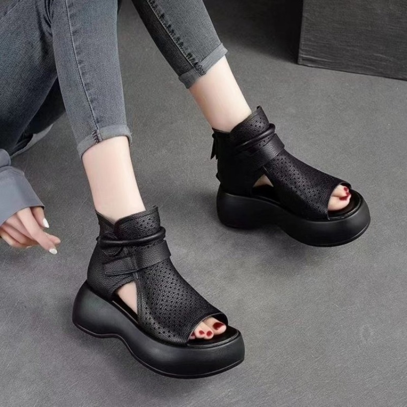 Summer New Hollow Breathable Hole Shoes Thick Sole Genuine Leather Fish Mouth Hook & Loop Retro Comfortable Women Sandals