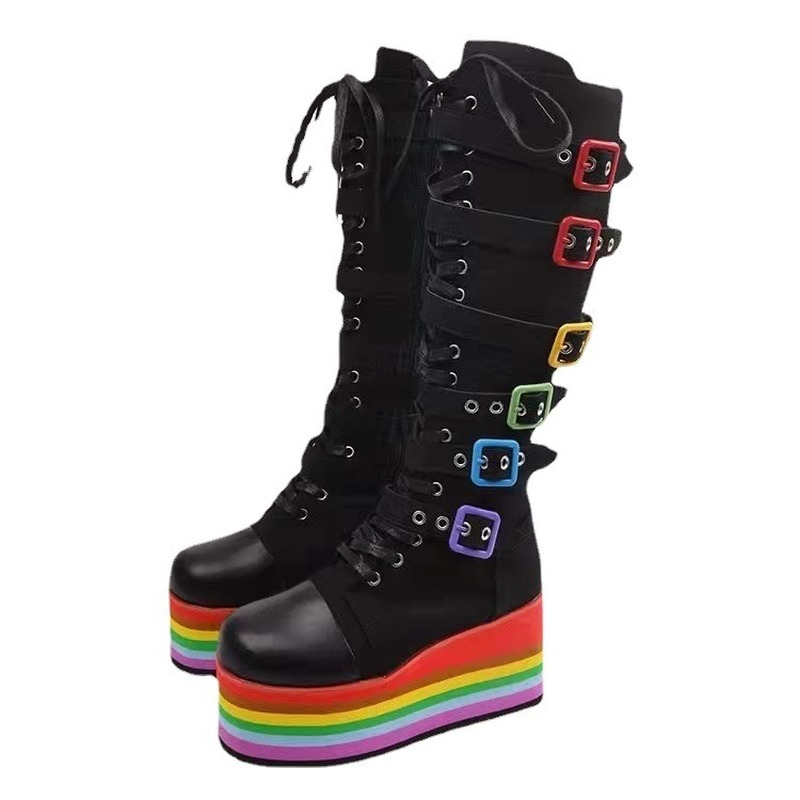 High Boot Knee Women Fashion Novelties 2022 Rainbow Platform Cowboy Boots Designer Thick Sole Shoes Botas Altas Plataforma Mujer 0316 s