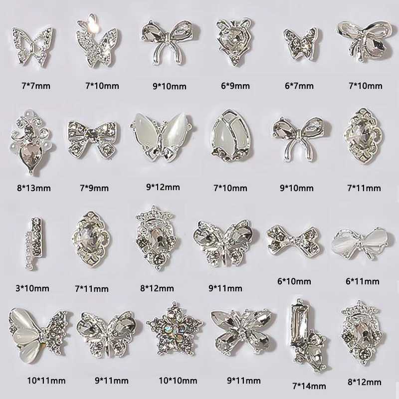 1 bag of 3D metal silver bow alloy nails artistic charm pearl nails rhinestones decorative glitter DIY jewelry accessories W240829