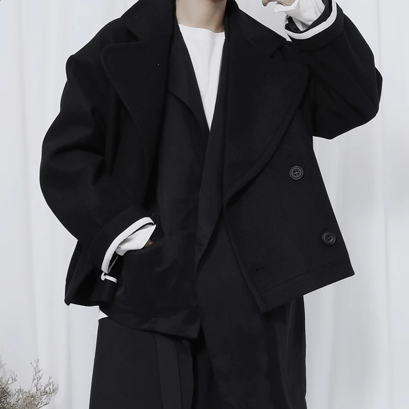 Mens black short wool coat Japanese loose double-layer fashion trend large-sized wool coat 240829