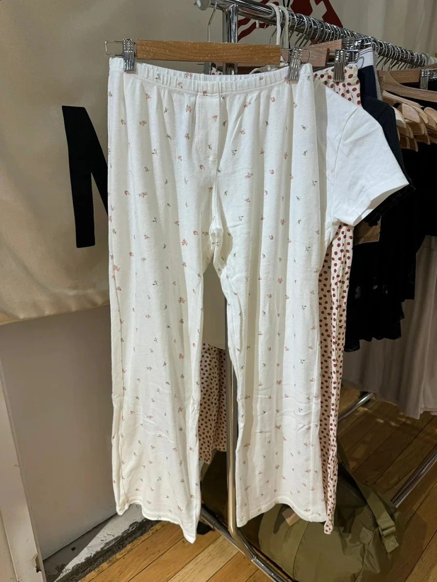Pink Flower Eye Straight Pants Womens Autumn Cotton High Waist White Loose Sports Sweet Casual Home Sleepwear Trousers Y2k 240827