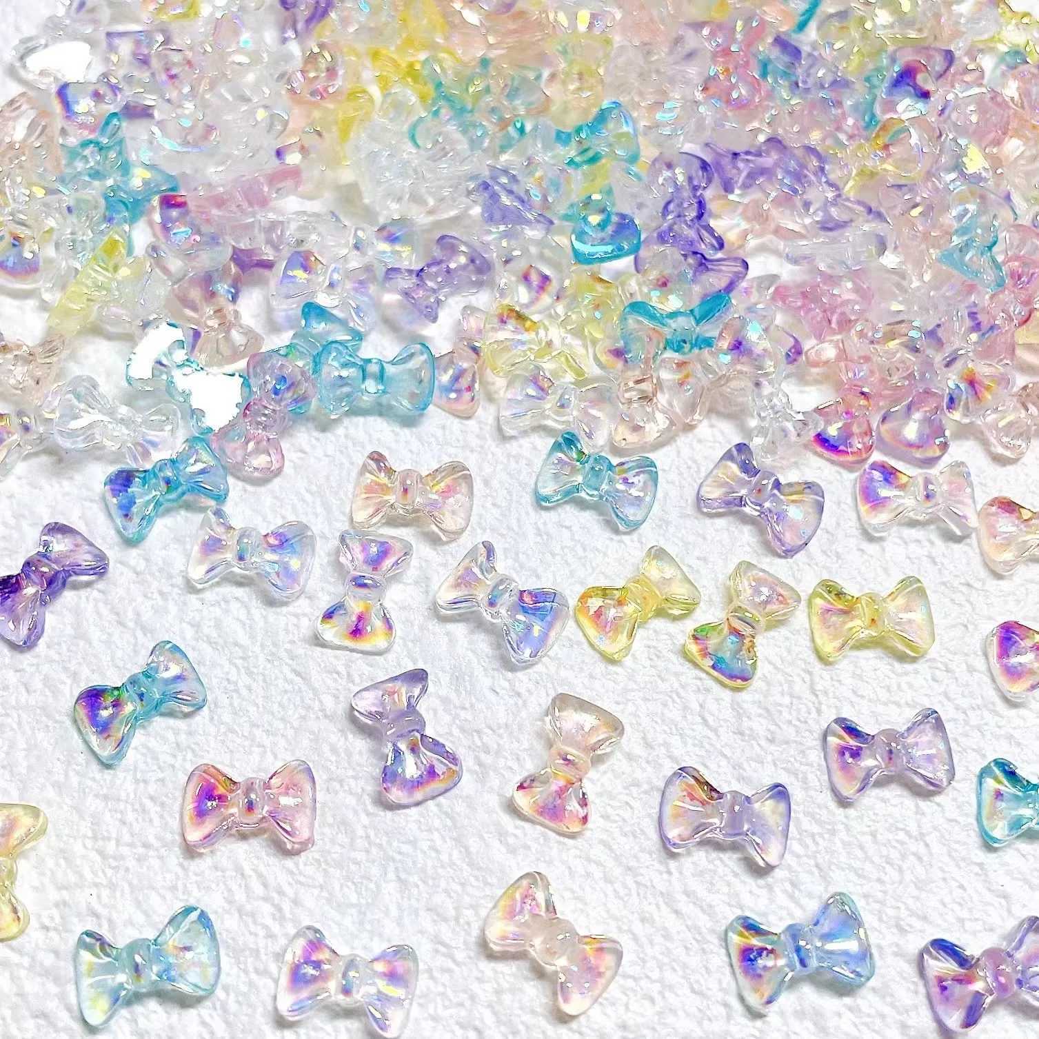 50 pieces of Aurora Bow Nail Art Decoration 3D Sparkling Charm Transparent Jelly Bow Water Diamond DIY Hand Tool Parts W240829
