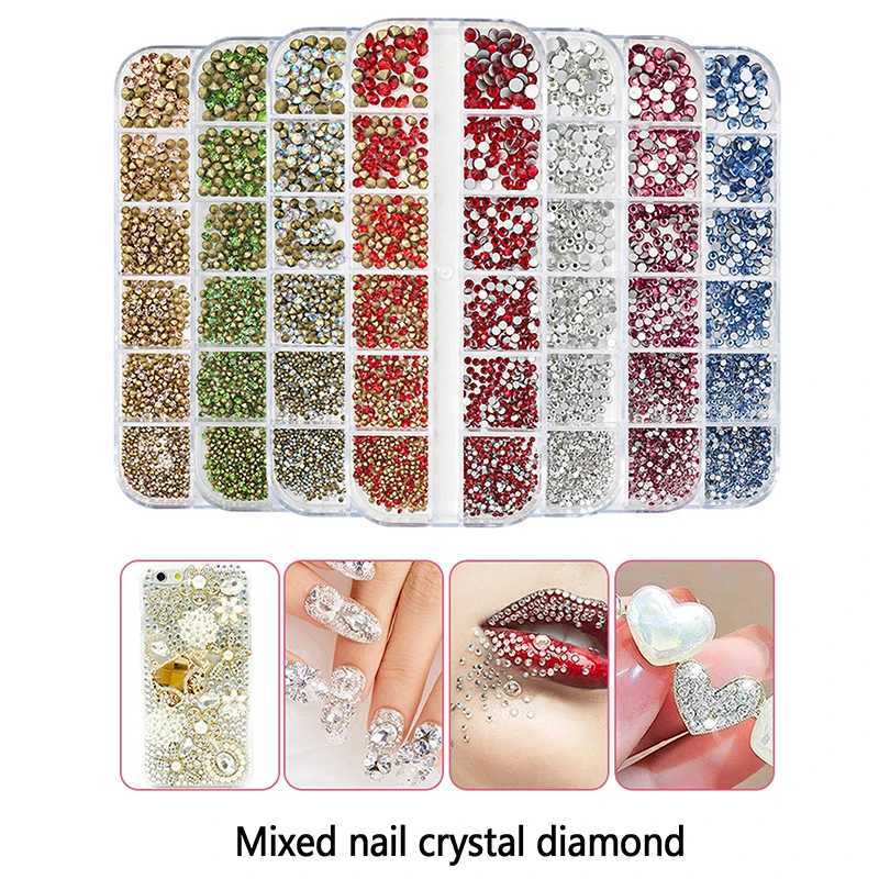 12 grid mixed size glass crystal non thermal fixed rhinestone flat crystal 3D sparkling nail art rhinestone decoration W240829