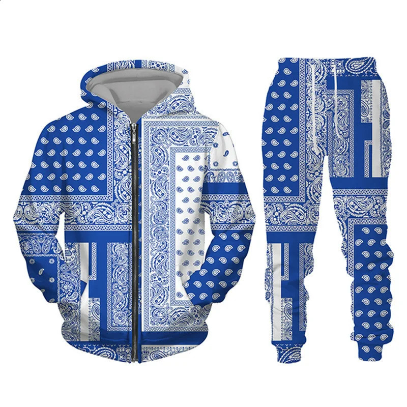 3D Bandana Printed Zipper HoodiePants Set Cool Mens/Womens 2-piece Sportswear Track Set Autumn/Winter Mens Wear 240829