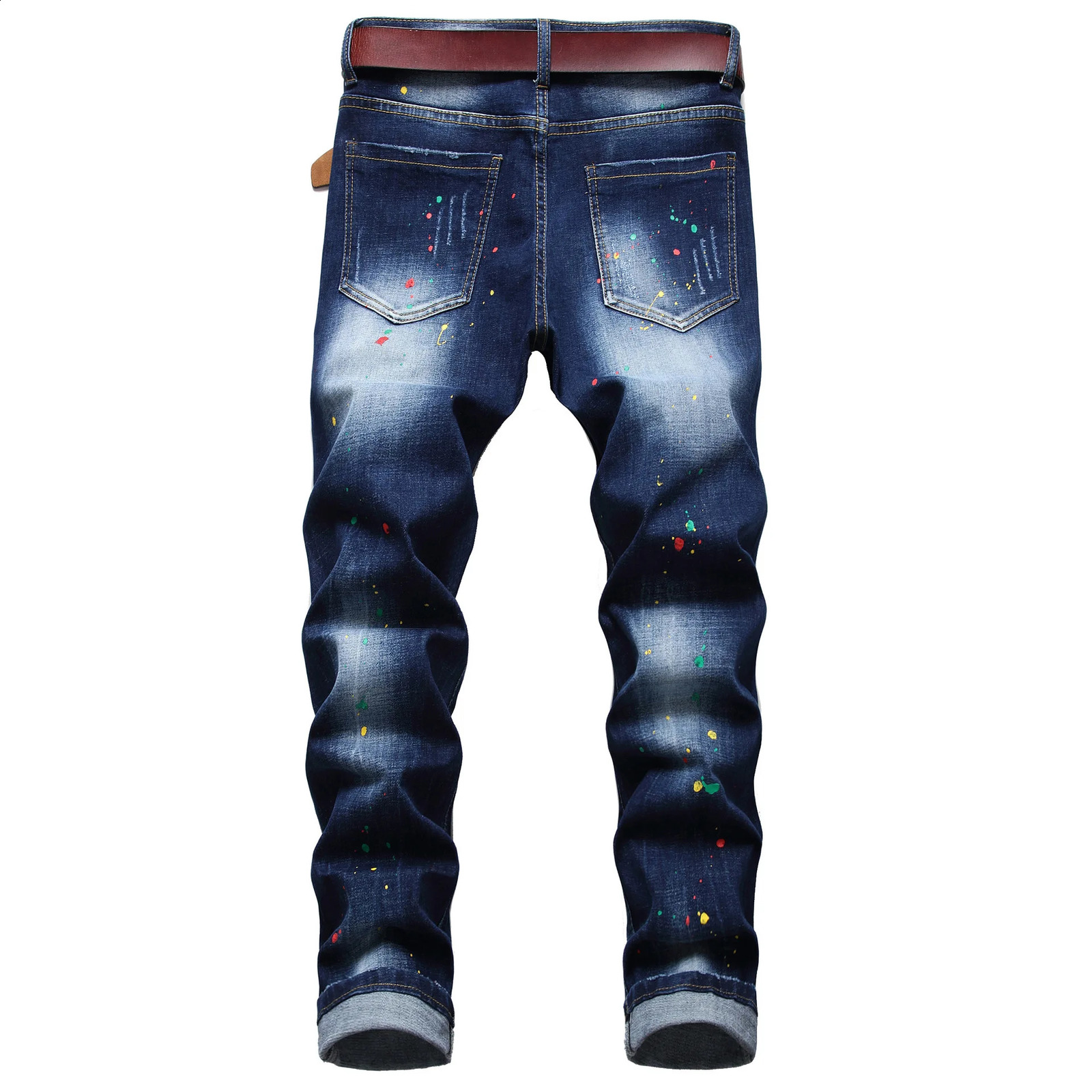 Mens fashion badge decoration tear hole jeans splash ink printed denim pants elastic slim straight casual jeans; 240829