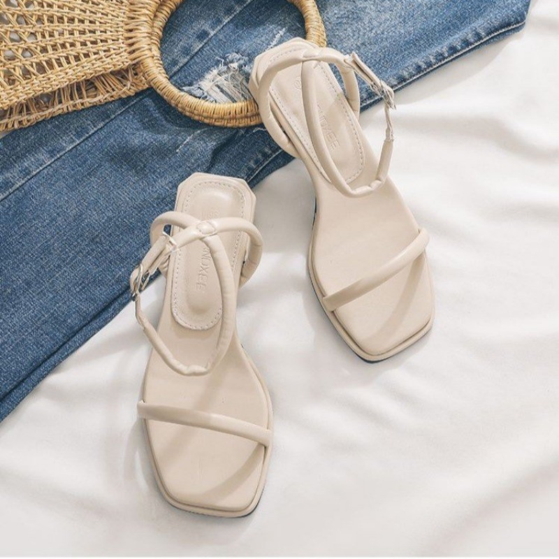 Summer Fashion Shoes Woman's Sandals Narrow Band Vintage Square Toe Ankle New Strap Thong Sandalias Shape Design Elegant Women 35-40 8cf2