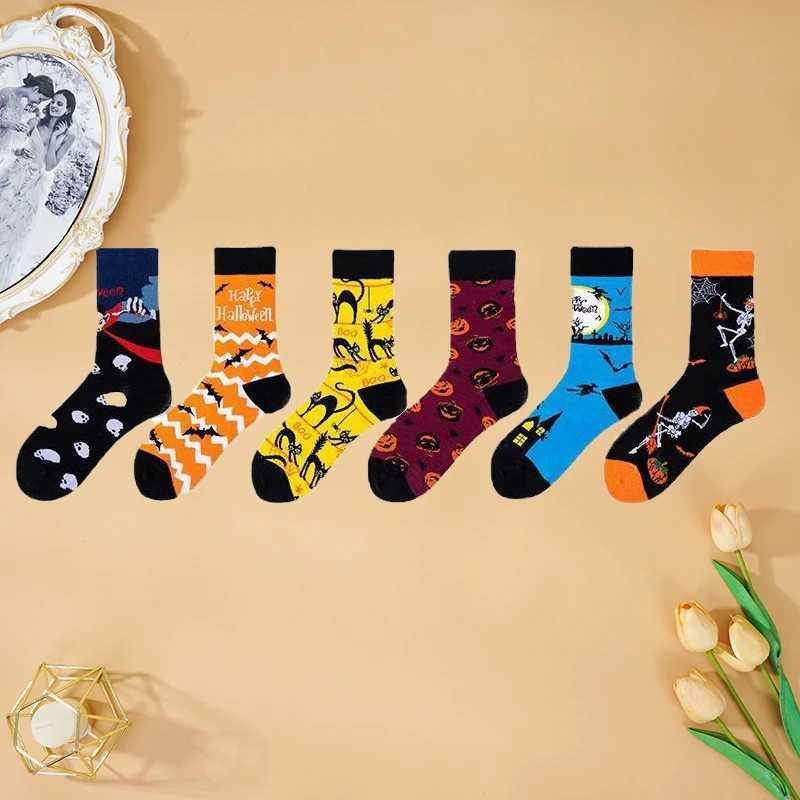Men's Socks 5 Pairs/Lot Hallown Cotton Socks for Men and Women Skull Vampire Pumpkin Bat Head Funny Autumn and Winter Warm Fashion Socks Y240830S